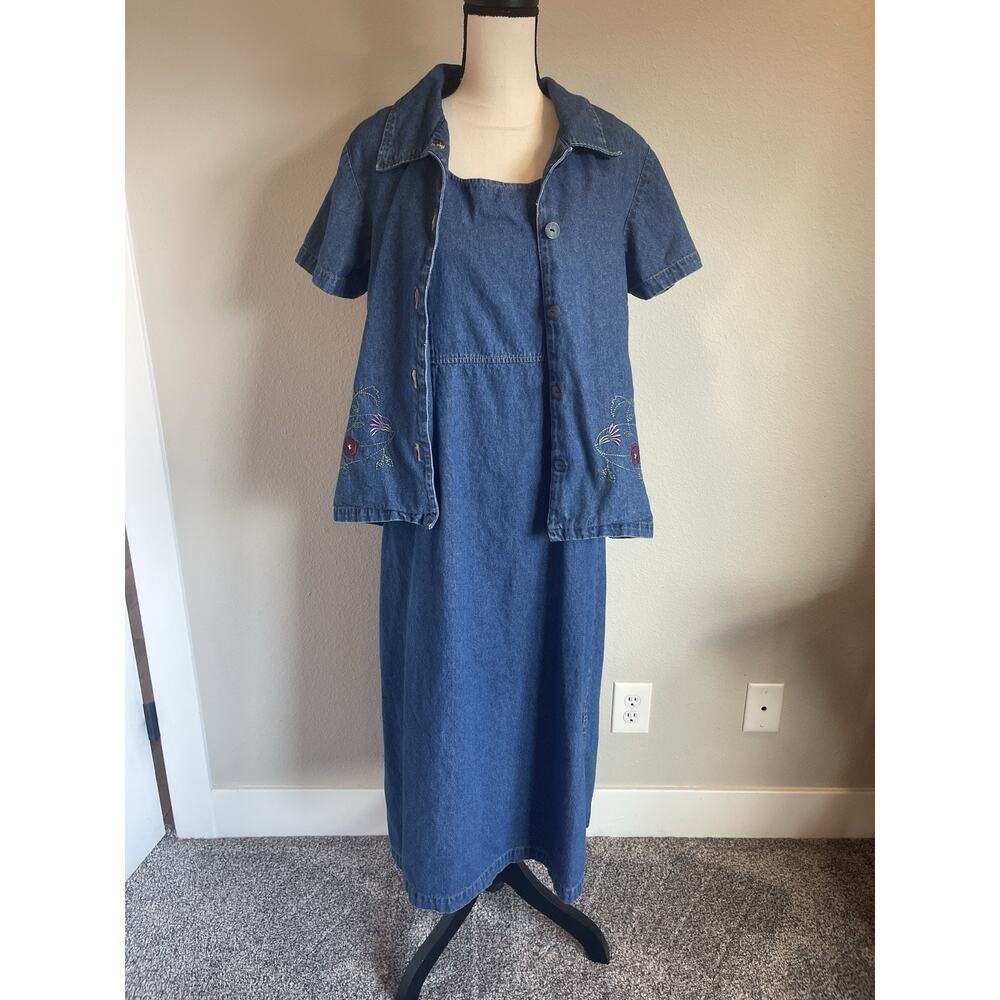 Vintage Victoria Holly Blue Denim Tank MIDI Dress Embroidered Top Sz 12 Petite